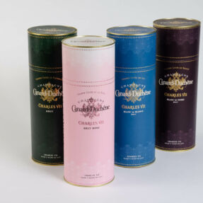 Cardboard canisters for Champagne Canard Dûchene Cardboard canisters for Champagne Canard Dûchene